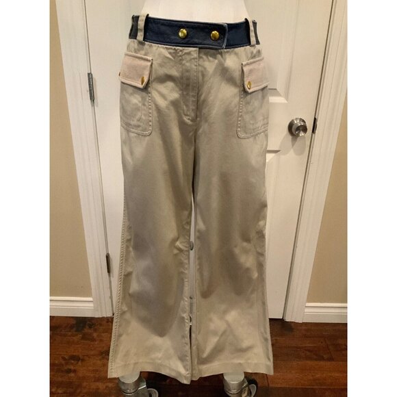 Tory Burch Joss Safari Tan Khaki Pants With Blue Cow Leather Trim, Size 8 - Picture 1 of 11